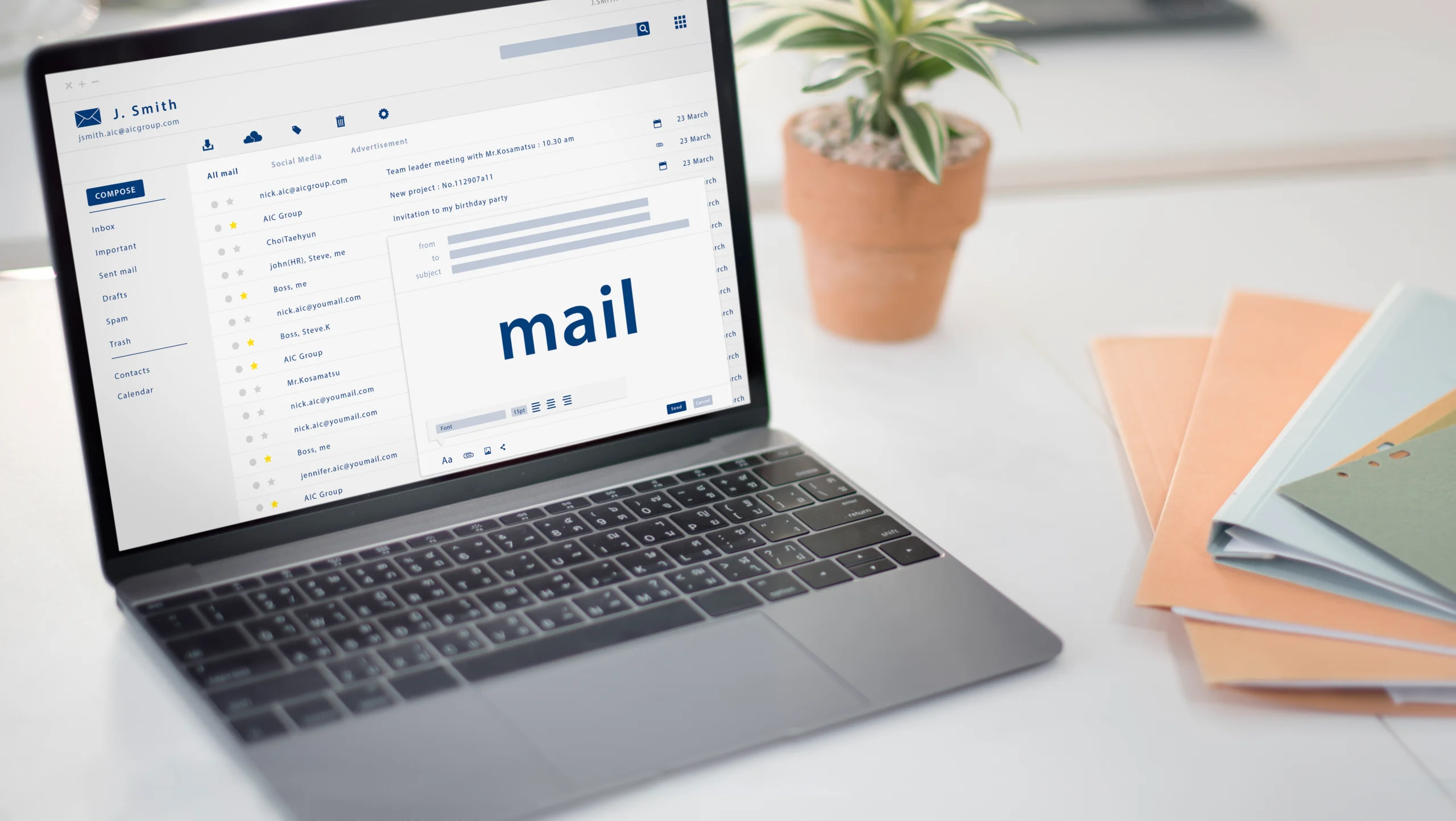 A square graphic highlighting professional email hosting features for small businesses with a modern team collaborating in an office.