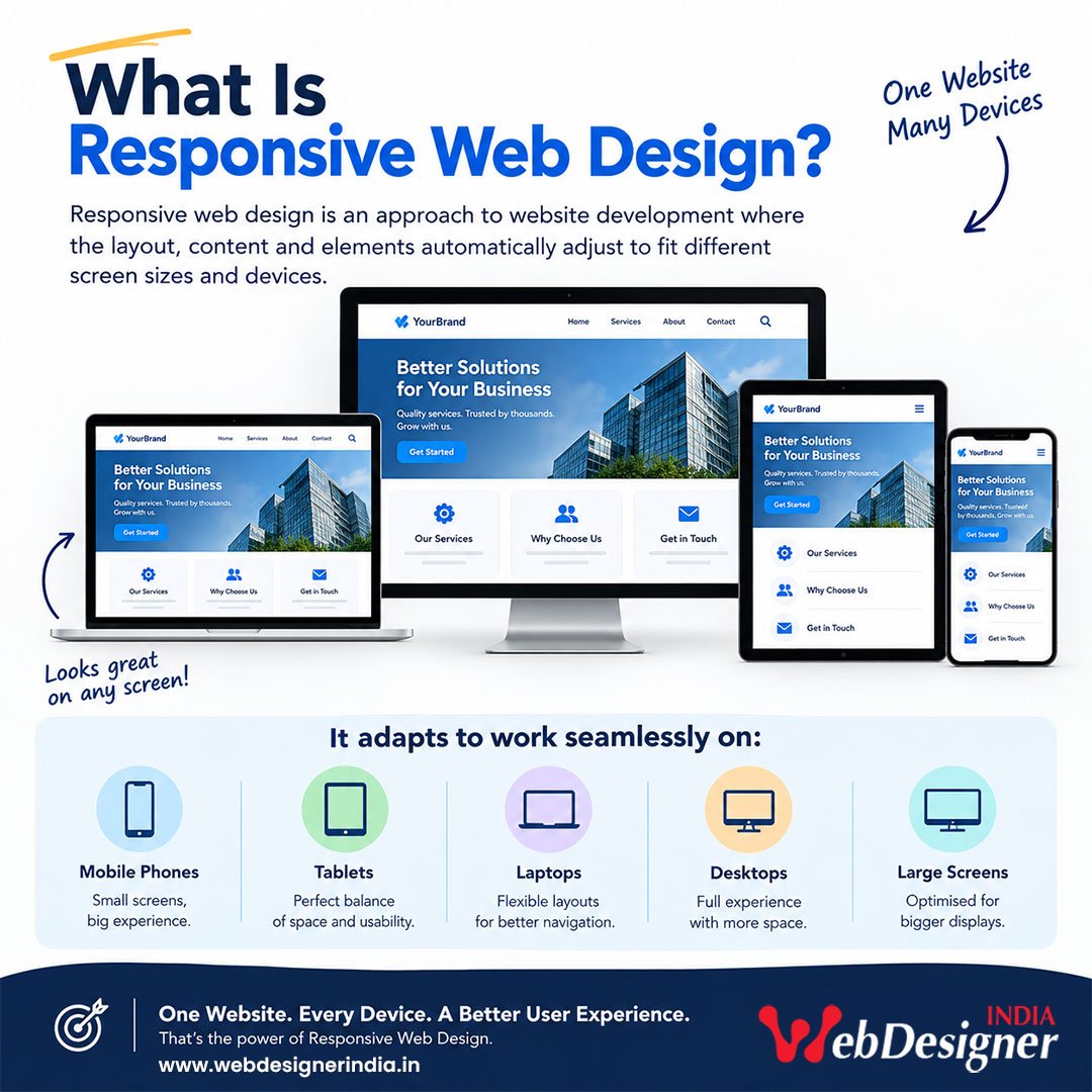 What is responsive web design showing a website adapting to mobile, tablet and desktop screens